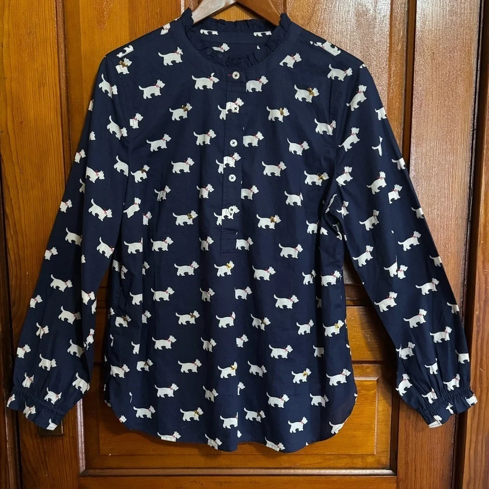 Talbots Scotty Dog Novelty Print Navy Peasant Top Size Large Sequin Detail - Picture 1 of 11